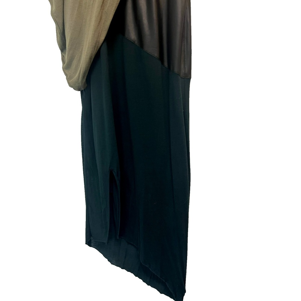 HELMUT LANG Asymmetric Drape Midi Dress Green Black Jersey Brown Vegan Leather S - Picture 5 of 12